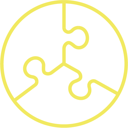 Ein Icon aus gelben Linien. Puzzleteile die ineinander greifen